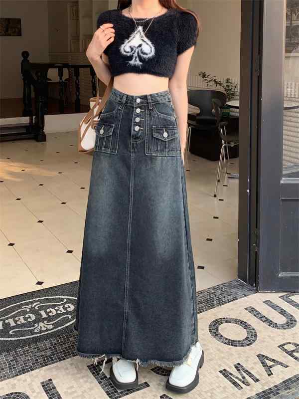 ファッション 服 オシャレ カワイイ シンプル 大カワイイ サイズ 夏 デニムスカート 効果 ミモレ丈 Aライン スカート