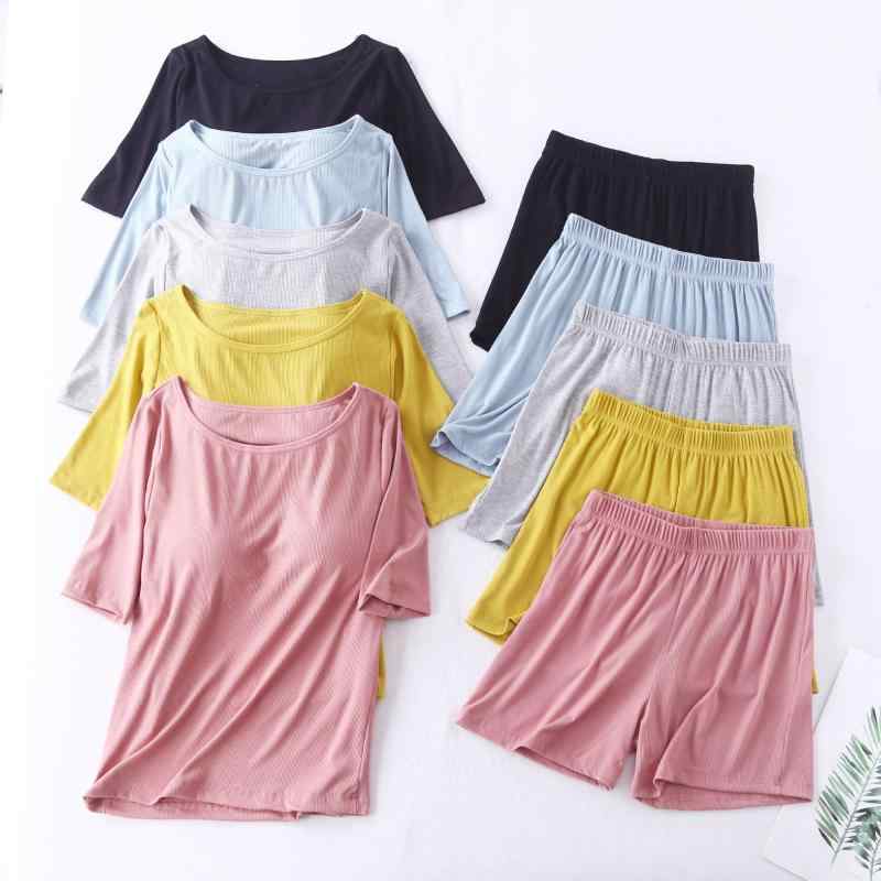 ファッション 服 オシャレ カワイイ シンプル 大カワイイ サイズ スレッド パッド入り T シャツ ブラジャー 半袖 カップ イン ワン パジャマ パンツ セット ファニシング