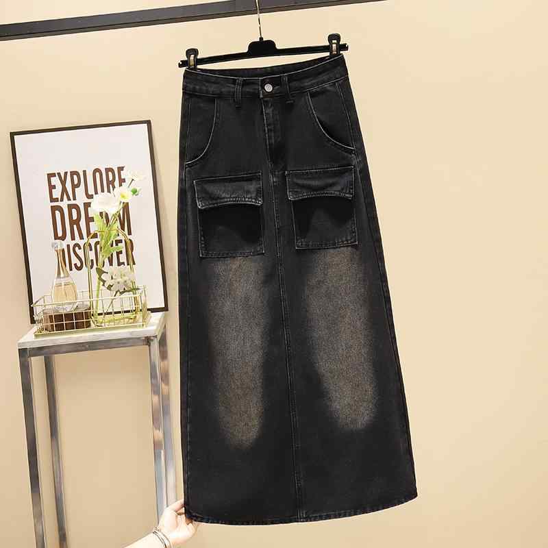 ファッション 服 オシャレ カワイイ シンプル 大カワイイ サイズ 黒 ダメージ 加 レトロ スリット デニムスカート Aライン ヒップ ミドル丈 スカート