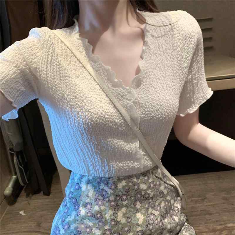 ファッション 服 オシャレ カワイイ シンプル 大カワイイ サイズ 夏 薄手 フレンチスタイル v 襟 プリーツ シフォンシャツ トップススリム 半袖 シャツ