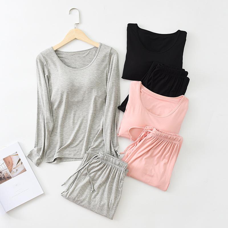 ファッション 服 オシャレ カワイイ シンプル 大カワイイ サイズ パッド入り 長袖 パジャマ ブラジャー T ズボン 服