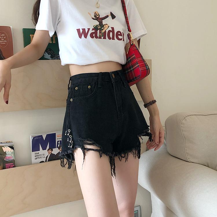 ファッション 服 オシャレ カワイイ シンプル 大カワイイ サイズ リップド デニム パンツ 夏 スリム ロー エッジ ワイド レッグ Aライン パンツ