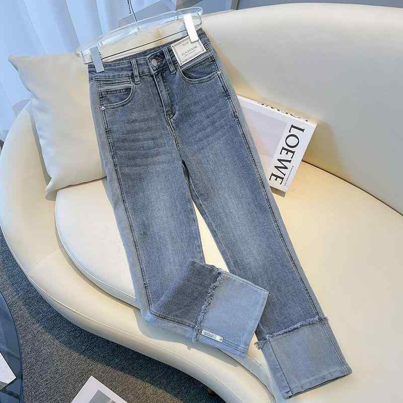 ファッション 服 オシャレ カワイイ シンプル 大カワイイ サイズ 婦服 ストレート ジーンズ 韓国 スタイル スリム 九分丈 パンツ丈 ストレートパンツ