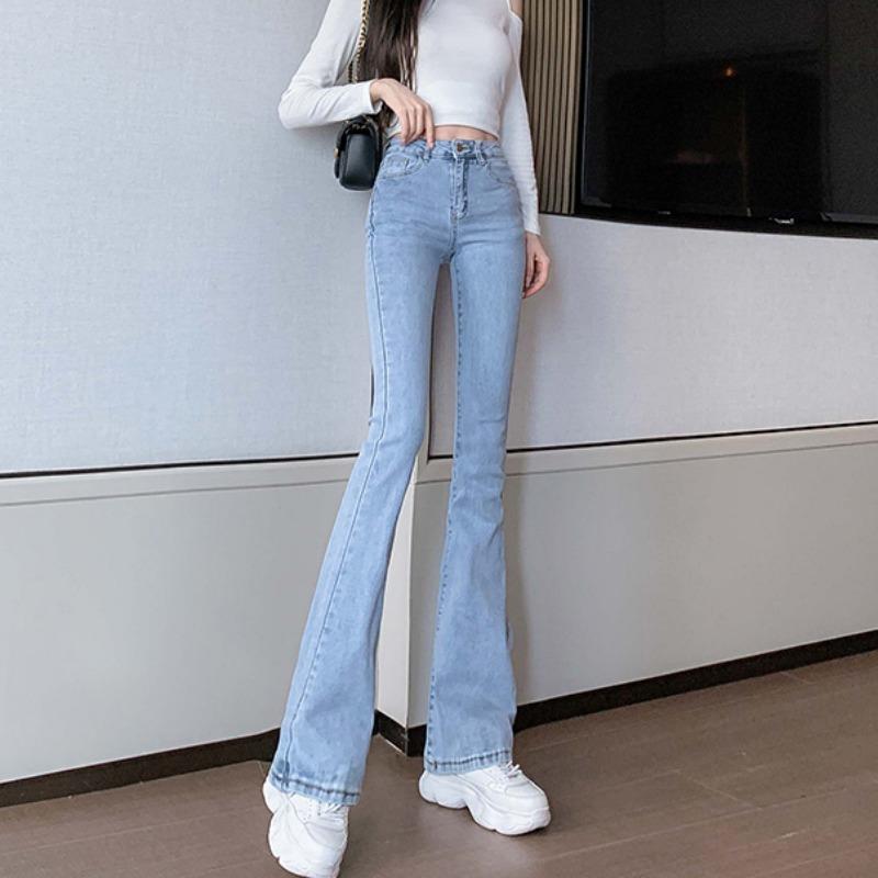 ファッション 服 オシャレ カワイイ シンプル 大カワイイ サイズ 婦服 デニム ベルボトム パンツ 九分丈 パンツ丈 スタイル スリム フロア レングス フレアパンツ