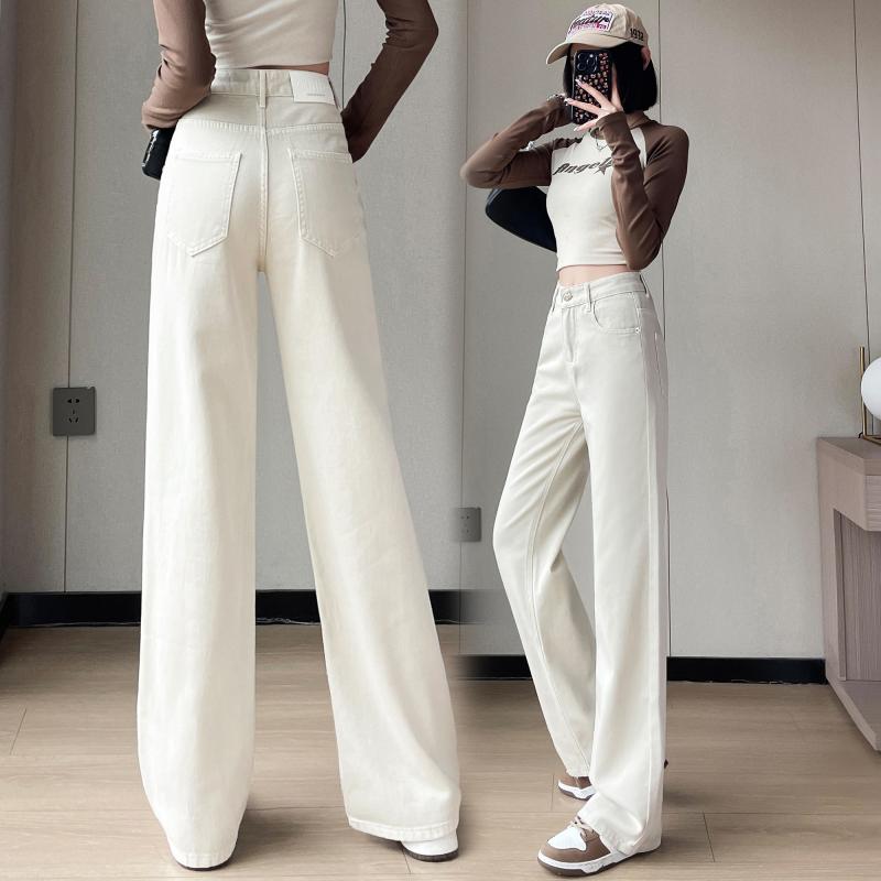 ファッション 服 オシャレ カワイイ シンプル 大カワイイ サイズ 婦服 オフ ホワイト ジーンズ スタイル パンツ ストレート ワイド