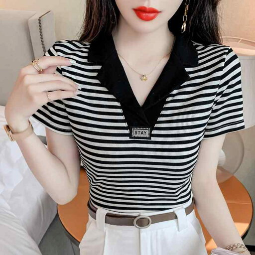 ファッション 服 オシャレ カワイイ シンプル 大カワイイ サイズ 婦服 ストライプ T シャツ 袖 夏 ファッション ポロ カラー スリム トップスス ファッション 服 オシャレ カワイイ シンプル 大カワイイ サイズ 婦服 ストライプ T シャツ 袖 夏 ファッション ポロ カラー スリム トップスス