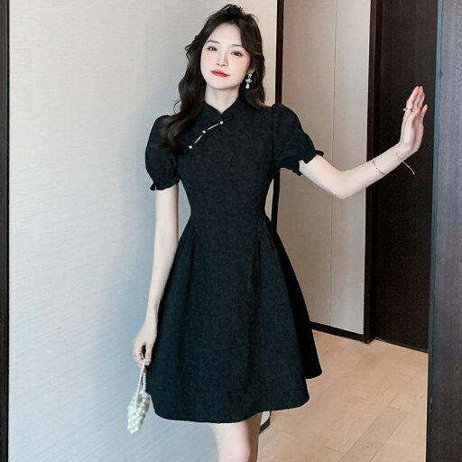 ファッション 服 オシャレ カワイイ シンプル 大カワイイ サイズ 婦服 ワンピース チャイナ ドレス 夏 レトロ パフスリーブ ブラック ファッション 服 オシャレ カワイイ シンプル 大カワイイ サイズ 婦服 ワンピース チャイナ ドレス 夏 レトロ パフスリーブ ブラック