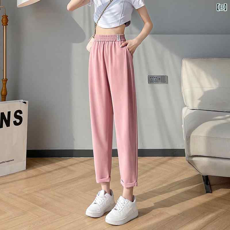 ファッション 服 オシャレ カワイイ シンプル 大カワイイ サイズ 婦服 冷感 パンツ 夏 薄手 高級感 スリム カジュアル ホワイト 九分丈 パンツ丈 ストレート