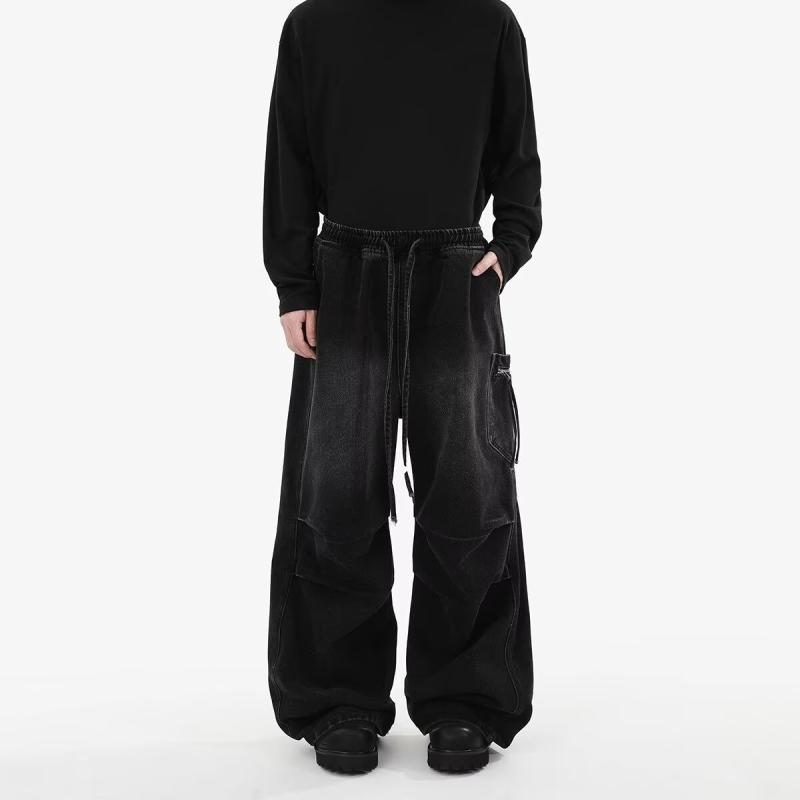 メンズ デニムパンツ アメリカン スタイル レトロ ウォッシュ加工 シワ加工 秋 ストリート ヴィンテージ風 ゆったり ストレート ワイドレッグ カジュアル コットン ストレッチ ロング丈 通勤ウェア 普段使い アウトドア