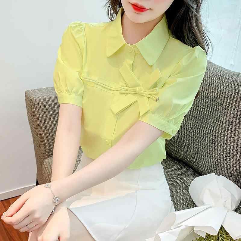 ファッション 服 オシャレ カワイイ シンプル 大カワイイ サイズ 婦服 フレンチ ポロ カラー パフスリーブシャツ 夏 スタイル リボン 袖 トップスス