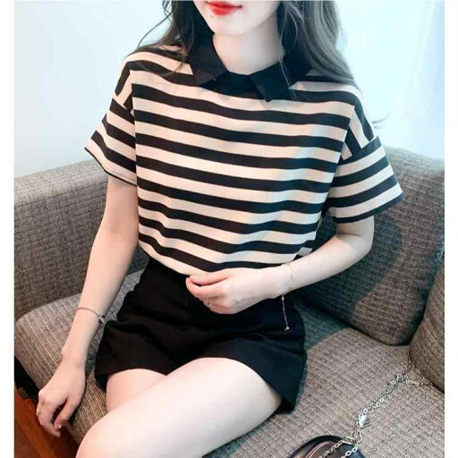 ファッション 服 オシャレ カワイイ シンプル 大カワイイ サイズ 婦服 韓国 スタイル コントラスト ストライプ シフォンシャツ 夏 スタイル ハイエンド スリム 半袖 トップスス ファッション 服 オシャレ カワイイ シンプル 大カワイイ サイズ 婦服 韓国 スタイル コントラスト ストライプ シフォンシャツ 夏 スタイル ハイエンド スリム 半袖 トップスス
