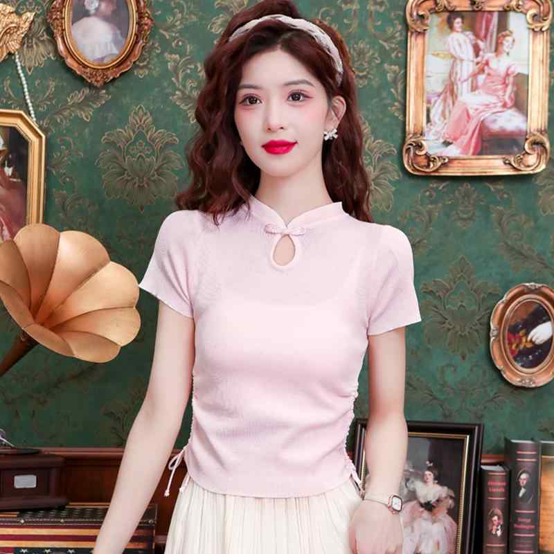 ファッション 服 オシャレ カワイイ シンプル 大カワイイ サイズ 婦服 ディスク バックル 冷感 ニット 袖 T シャツ 夏 スリムフィット トップスス