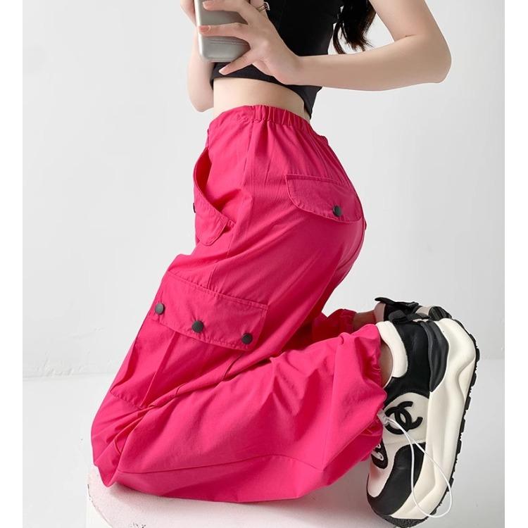 ファッション 服 オシャレ カワイイ シンプル 大カワイイ サイズ 婦服 ローズピンク アメリカン ガール 夏 薄手 スリム ワイド レッグ スポーツ パンツ