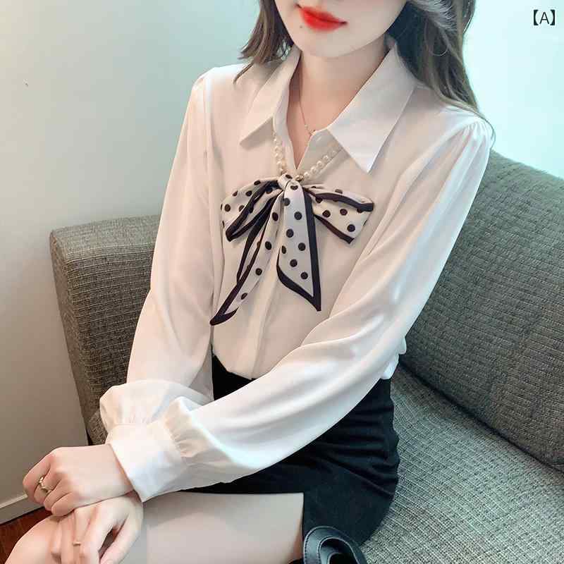 ファッション 服 オシャレ カワイイ シンプル 大カワイイ サイズ 婦服 フレンチ ボウタイ ポロ カラー シャツ サテン 通勤 シフォンシャツ 長袖 トップスス