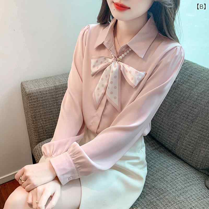 ファッション 服 オシャレ カワイイ シンプル 大カワイイ サイズ 婦服 フレンチ ボウタイ ポロ カラー シャツ サテン 通勤 シフォンシャツ 長袖 トップスス