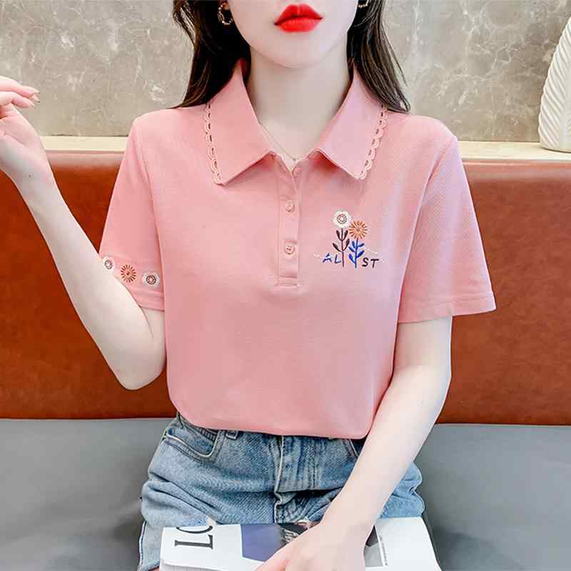 ファッション 服 オシャレ カワイイ シンプル 大カワイイ サイズ 婦服 袖 T シャツ 夏 ファッション ポロ カラー トップスス