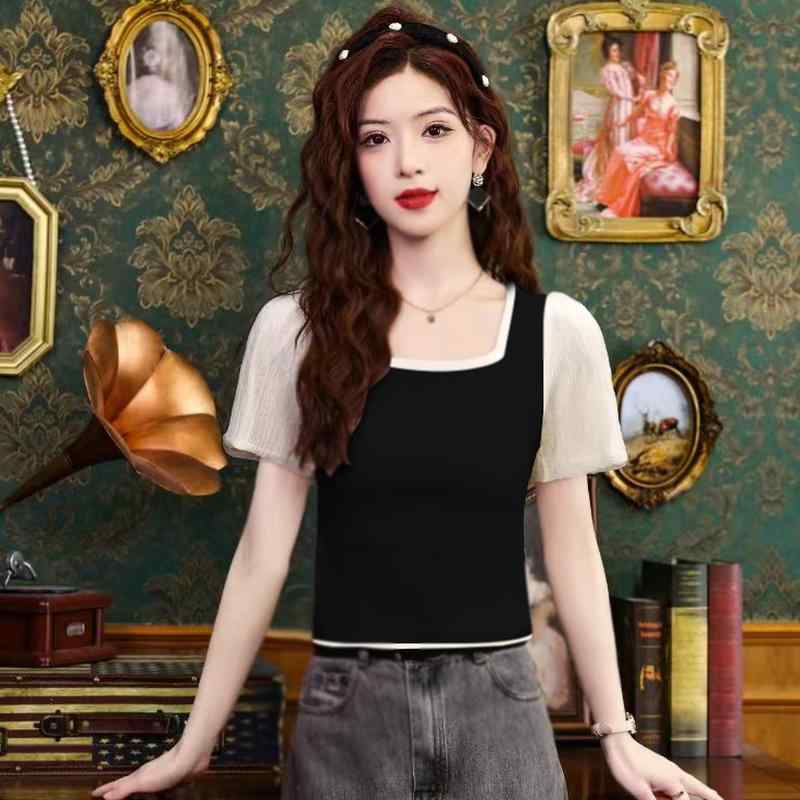 ファッション 服 オシャレ カワイイ シンプル 大カワイイ サイズ 婦服 フレンチスクエア ネック 袖 T シャツ 夏 シフォン スリムフィット トップスス