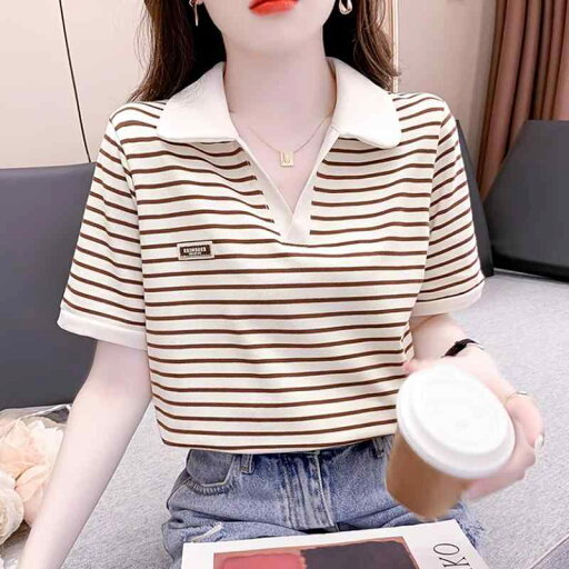 ファッション 服 オシャレ カワイイ シンプル 大カワイイ サイズ 婦服 ストライプ T シャツ 半袖 夏 スタイル カジュアル 襟 シフォン トップスス ファッション 服 オシャレ カワイイ シンプル 大カワイイ サイズ 婦服 ストライプ T シャツ 半袖 夏 スタイル カジュアル 襟 シフォン トップスス