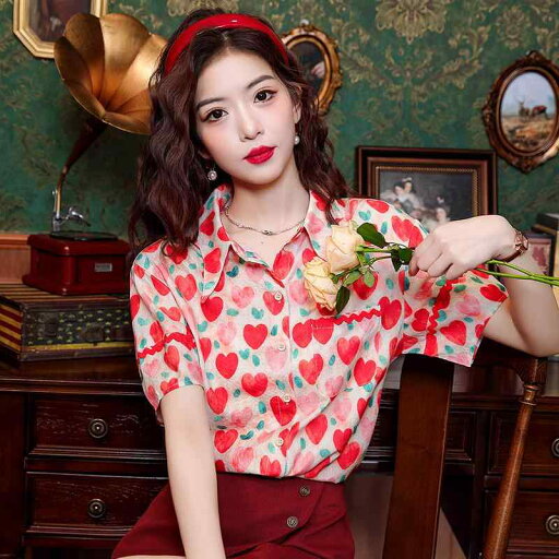 ファッション 服 オシャレ カワイイ シンプル 大カワイイ サイズ 婦服 夏 ハート プリント 半袖 シャツ レトロ スタイル トップスス ファッション 服 オシャレ カワイイ シンプル 大カワイイ サイズ 婦服 夏 ハート プリント 半袖 シャツ レトロ スタイル トップスス