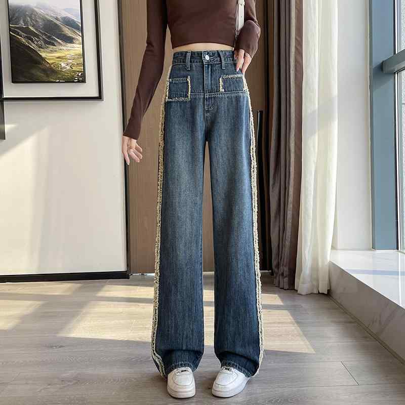 ファッション 服 オシャレ カワイイ シンプル 大カワイイ サイズ 婦服 ワイド レッグ ジーンズ ドレープ スリム フロア レングス ストレート パンツ