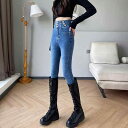 ファッション 服 オシャレ カワイイ シンプル 大カワイイ サイズ 婦服 レトロ ジーンズ 韓国 スタイル 伸縮性 ストレッチ ウエスト ストレッチ ヒップ リフティング ペンシル パンツ タイト スリム