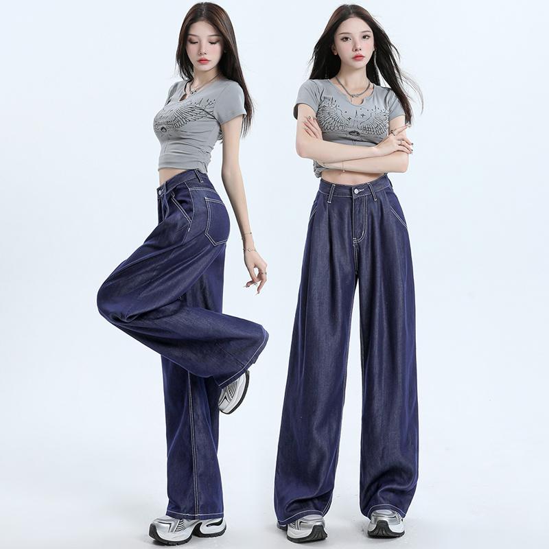 ファッション 服 オシャレ カワイイ シンプル 大カワイイ サイズ 婦服 テンセル 薄手 レトロ ワイド レッグ ジーンズ 夏 ストレート ドレープ 長ズボン