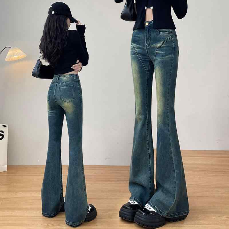 ファッション 服 オシャレ カワイイ シンプル 大カワイイ サイズ 婦服 レトロ カット ジーンズ アメリカン スリム フレアパンツ