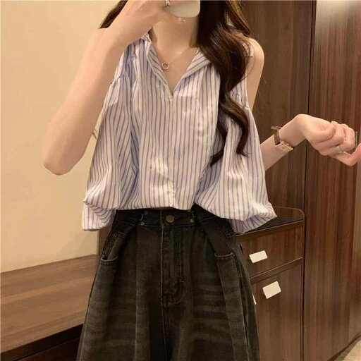 ファッション 服 オシャレ カワイイ シンプル 大カワイイ サイズ 婦服 夏 韓国 スタイル ノースリーブストライプシャツ フェミニン オフショルダートップスス ファッション 服 オシャレ カワイイ シンプル 大カワイイ サイズ 婦服 夏 韓国 スタイル ノースリーブストライプシャツ フェミニン オフショルダートップスス