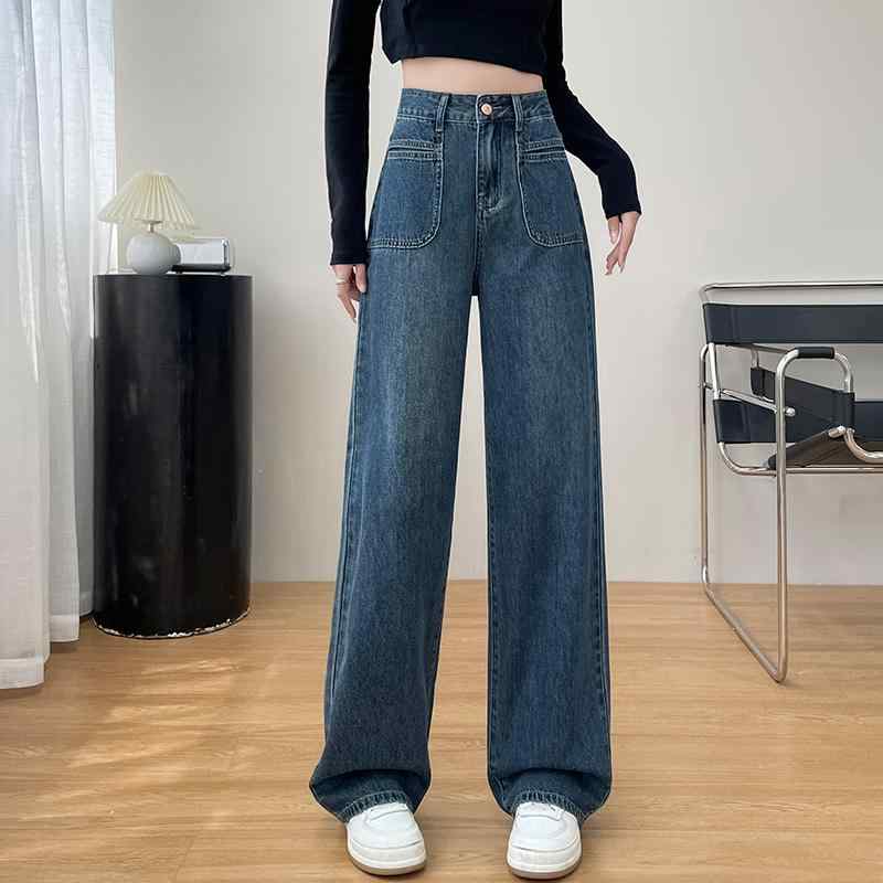 ファッション 服 オシャレ カワイイ シンプル 大カワイイ サイズ 婦服 アメリカン レトロ ドレープ ジーンズ スリム ウエストレート レッグ ワイド 長ズボン