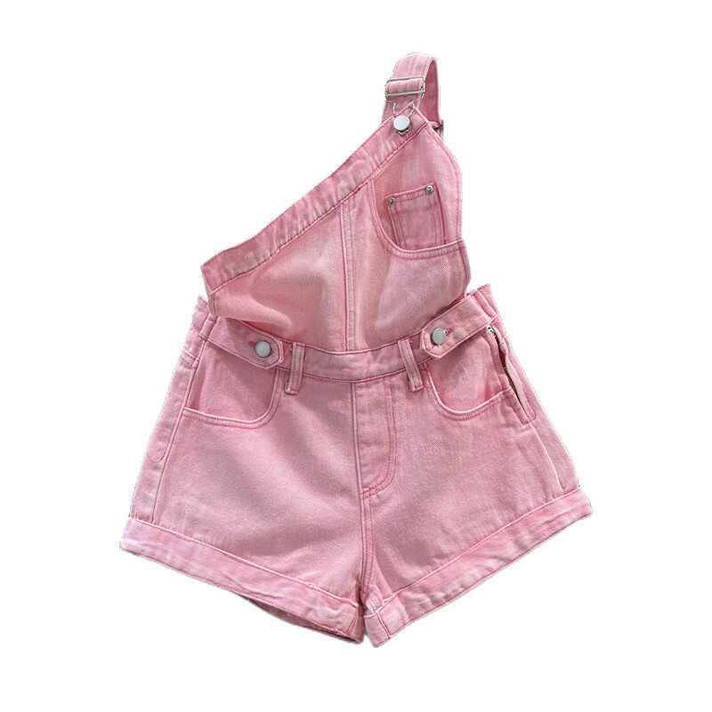 ファッション 服 オシャレ カワイイ シンプル 大カワイイ サイズ 婦服 ワンショルダー デニム ビブ パンツ 夏 スリム aライン ワイド レッグ ワンピース