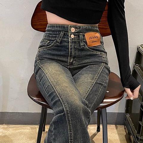 ファッション 服 オシャレ カワイイ シンプル 大カワイイ サイズ 婦服 レトロ ブーツ カット ジーンズ スリムフィット ストレッチ スリット フロア レングス フレアパンツ