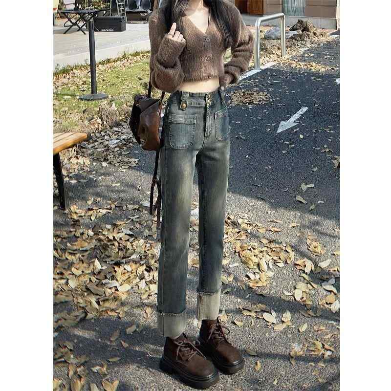 ファッション 服 オシャレ カワイイ シンプル 大カワイイ サイズ 婦服 レトロ ストレート ジーンズ スリム ウエストレッチ ナロー バゲット 九分丈丈 パンツ