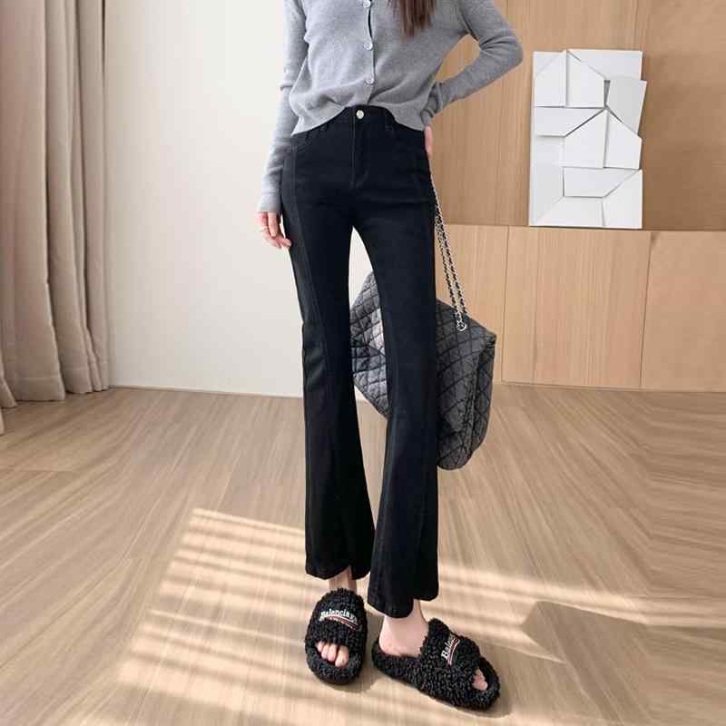 ファッション 服 オシャレ カワイイ シンプル 大カワイイ サイズ 婦服 ジーンズ 黒 スリム ウエストレッチ フレア タイトスリット 九分丈丈 パンツ