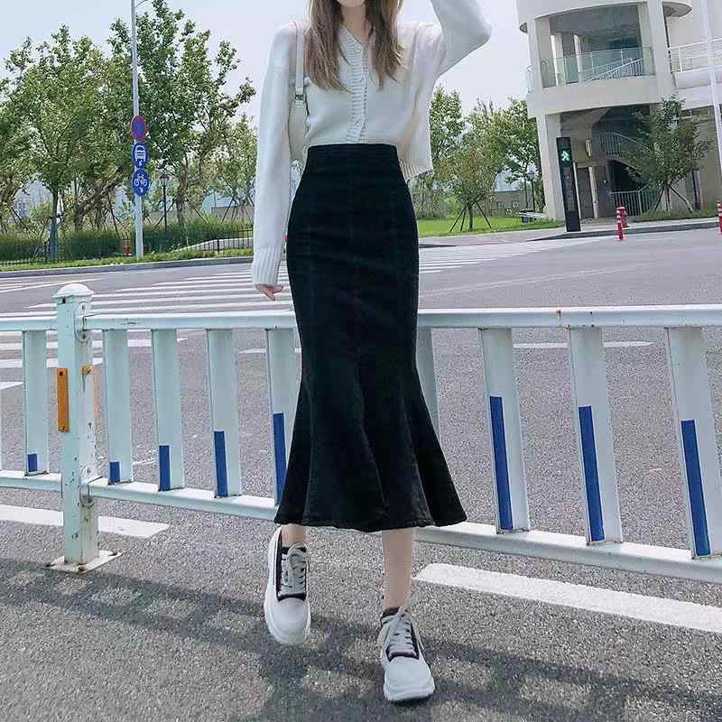 ファッション 服 オシャレ カワイイ シンプル 大カワイイ サイズ 婦服 ミドル丈 フィッシュ テール スカート 夏 スリムフィット カート フリル スリット デニムスカート