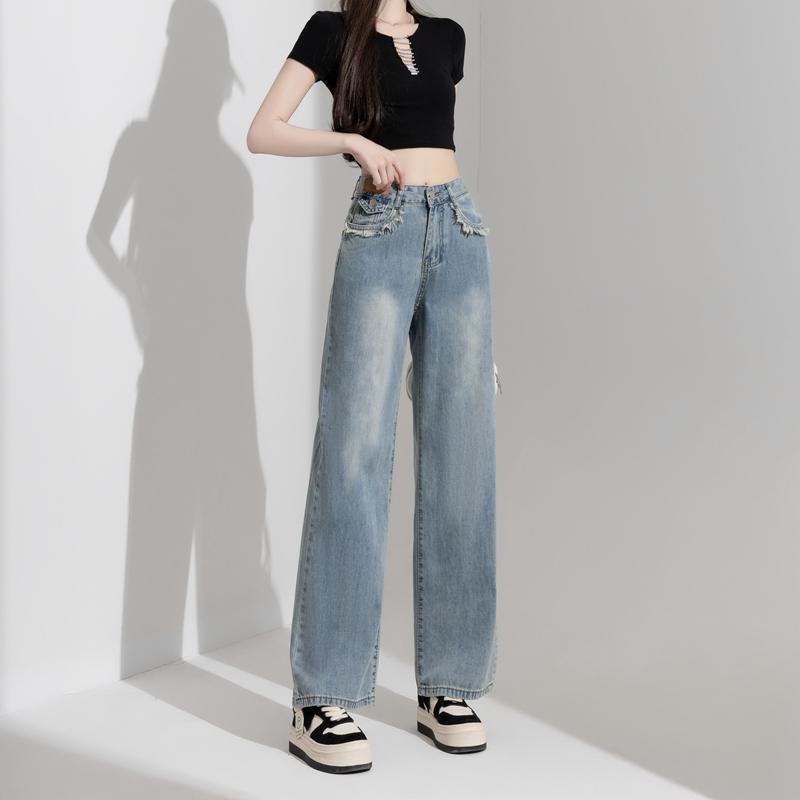 ファッション 服 オシャレ カワイイ シンプル 大カワイイ サイズ 婦服 ストレート ジーンズ 夏 薄手 ライト カラー スリム カジュアル ドレープ 細 幅 ワイド パンツ(4)