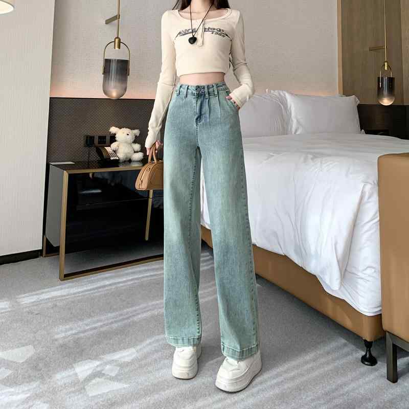 ファッション 服 オシャレ カワイイ シンプル 大カワイイ サイズ 婦服 ジーンズ スリム ウエストレッチ ウエストレート パンツ ライト カラー ゆったり 細身 ワイド