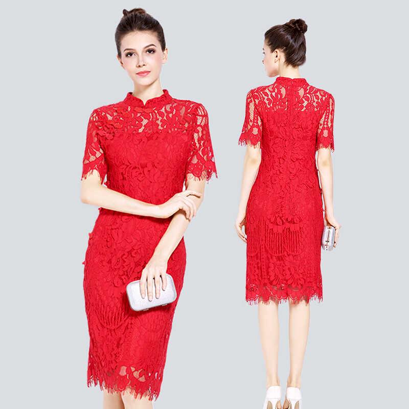 ファッション 服 オシャレ カワイイ シンプル 大カワイイ サイズ 婦服 ワンピース 花嫁 ドカラー チャイナ ドレス イブニングドレス レース 結婚式