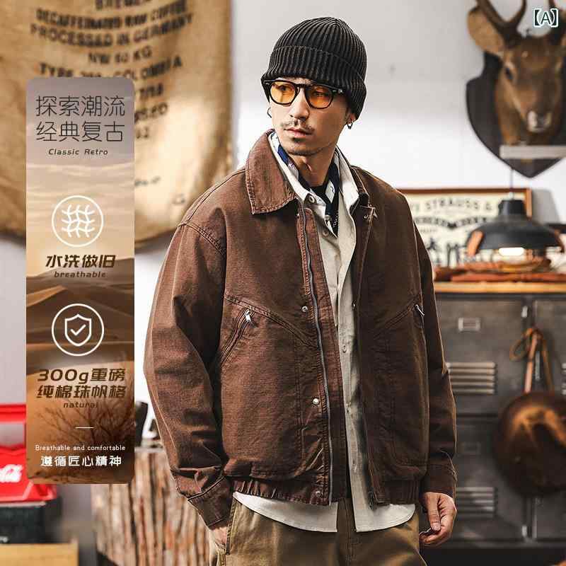 リコットのメンズ ジャケット 男性用 レトロ アメリカン スタイル ウォッシュ加工 ゆったり アウター｜アングル2