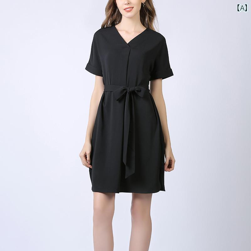 ファッション 服 オシャレ カワイイ シンプル 大カワイイ サイズ 婦服 ワンピース 夏 アメリカン スリム v 襟 半袖 aライン ドレス