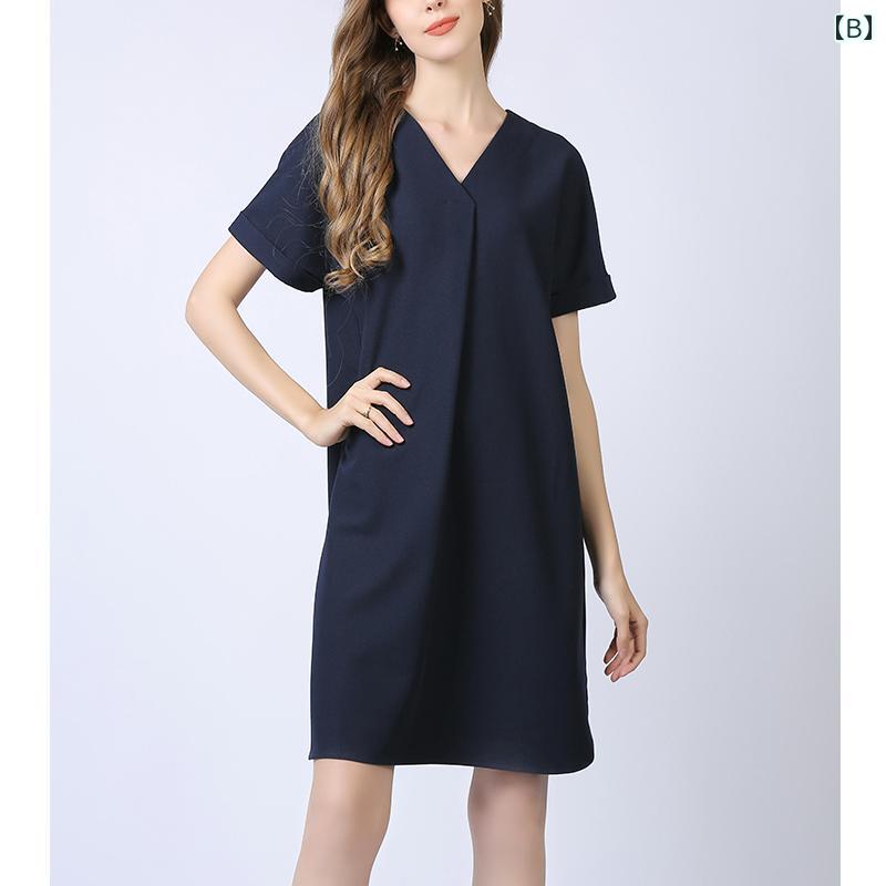 ファッション 服 オシャレ カワイイ シンプル 大カワイイ サイズ 婦服 ワンピース 夏 アメリカン スリム v 襟 半袖 aライン ドレス