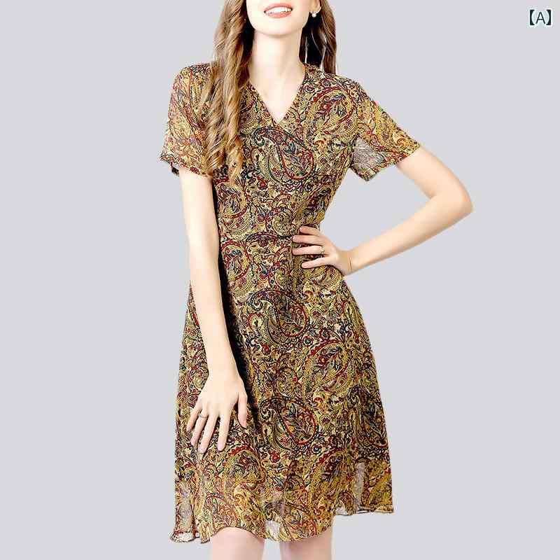 ファッション 服 オシャレ カワイイ シンプル 大カワイイ サイズ 婦服 ワンピース Vネック 薄手 花柄 シフォン ドレス 夏 エレガント