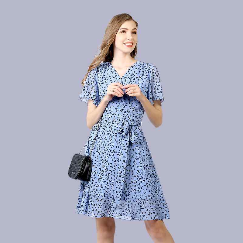 ファッション 服 オシャレ カワイイ シンプル 大カワイイ サイズ 婦服 ワンピース 夏 クロス Vネック 花柄 シフォン aライン フリルドレス