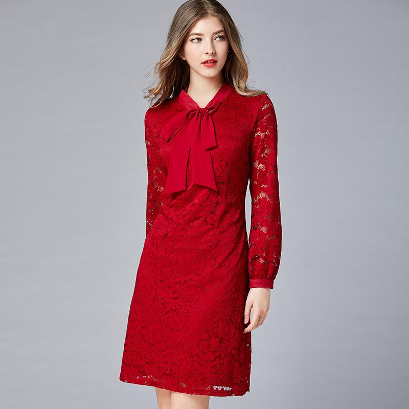 ファッション 服 オシャレ カワイイ シンプル 大カワイイ サイズ 婦服 ワンピース レッド ストレッチレース 袖 レースアップ ドレスのサムネイル