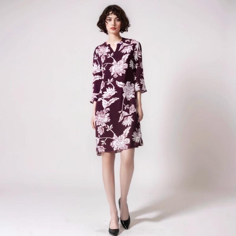 ファッション 服 オシャレ カワイイ シンプル 大カワイイ サイズ 婦服 七分袖 Vネック コットン ライト 通気性 ストレート プリント ドレス ハイエンド