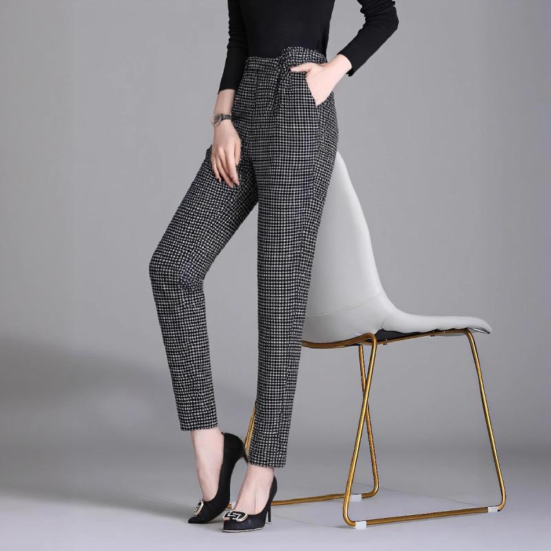 ファッション 服 オシャレ カワイイ シンプル 大カワイイ サイズ 婦服 格子縞 レースアップ スーツ パンツ ストレート レッグ 黒