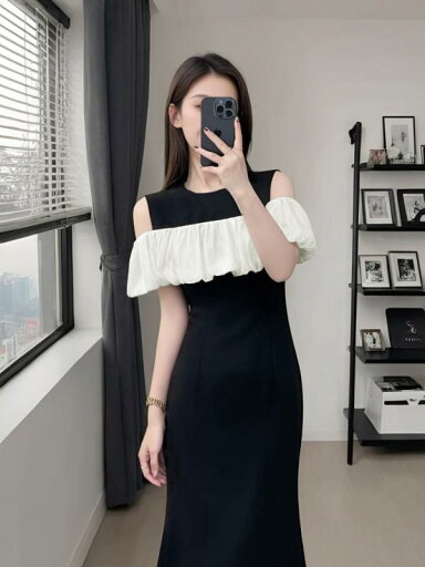 ファッション 服 オシャレ カワイイ シンプル 大カワイイ サイズ 婦服 フレンチ エレガント ドレス 黒 白 コントラ オフショルダー スリム フィッシュ 169 ファッション 服 オシャレ カワイイ シンプル 大カワイイ サイズ 婦服 フレンチ エレガント ドレス 黒 白 コントラ オフショルダー スリム フィッシュ 169