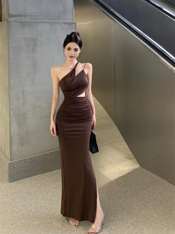 ファッション 服 オシャレ カワイイ シンプル 大カワイイ サイズ 婦服 ガール 斜め ショルダーラップ ドレス フェミニン スリム スリット ヒップ カバー ロング スカート