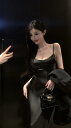 ファッション 服 オシャレ カワイイ シンプル 大カワイイ サイズ 婦服 黒 スリム ガール ドレス 夏 バカンス バケーション サテン サスペンダー フィッシュ スカート