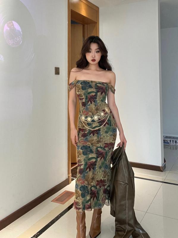 ファッション 服 オシャレ カワイイ シンプル 大カワイイ サイズ 婦服 花柄 スカート レトロ プリント スリム ドレス ガール メッシュ サスペンダー ロング