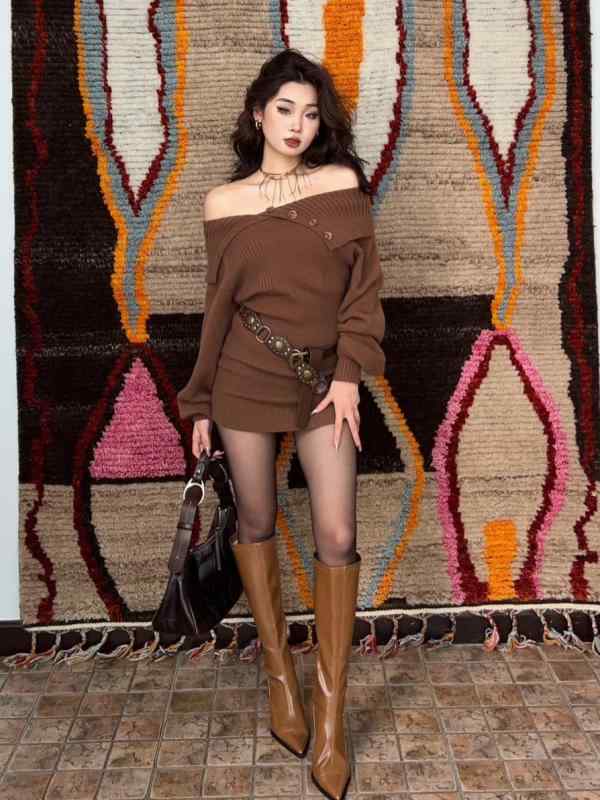 ファッション 服 オシャレ カワイイ シンプル 大カワイイ サイズ 婦服 ニット セーター ドレス ブラウン ヒップ カバー